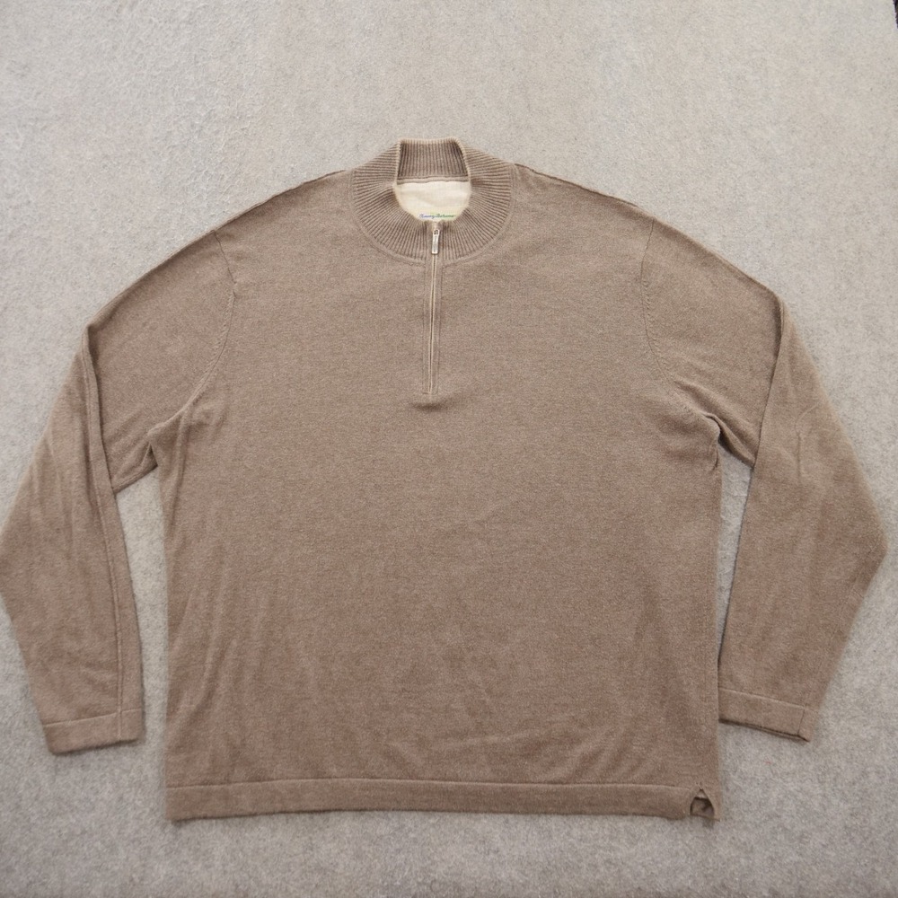 Tommy Bahama Sweater Mens 2XL XXL Brown 1/4 Zip Mock Neck Knit Pullover
